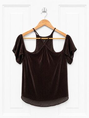 Bold Elements Brown Pleated Cold Shoulder Strappy Halter Top Medium